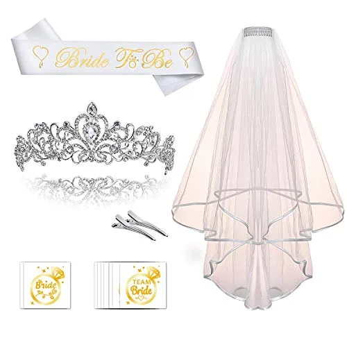 Konsait Bridal Diadème Mariage Tiare avec Cristaux Strass Bride to be Satin Sash et Voile, Bride/Team Bride Tattoo…