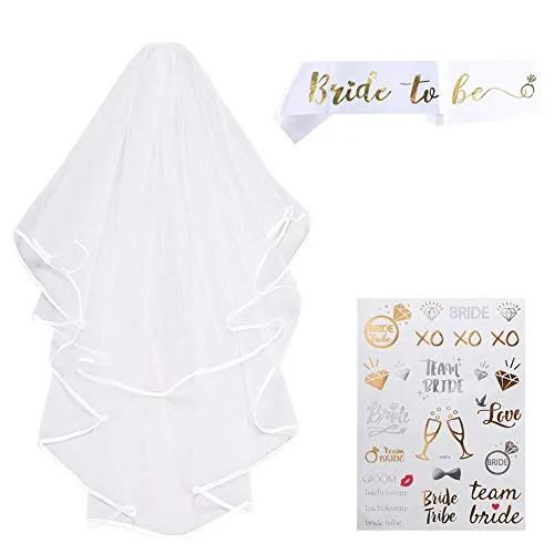 Pulluo Voile de Mariée Blanche Voile de Mariage avec Peigne Voile de Tête avec Dentelle et Tatouage Temporaire Ruban…