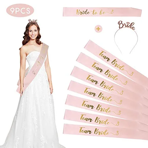 Rose Or Bride to Be Team Écharpe et 6 Pcs Team Bride Écharpe Enterrement de Vie de Jeune Fille avec Bandeaux Couronne…