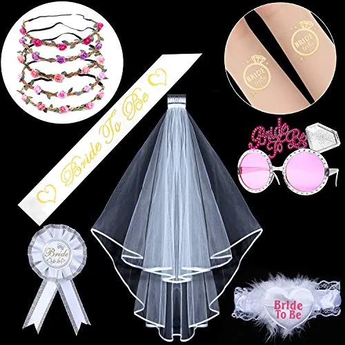 htbakoi EVJF Accessoire Enterrement de Vie de Jeune Fille Kit, Bride to Be +5 Couronne à Fleurs+5 Tatouages Inclut Voile…
