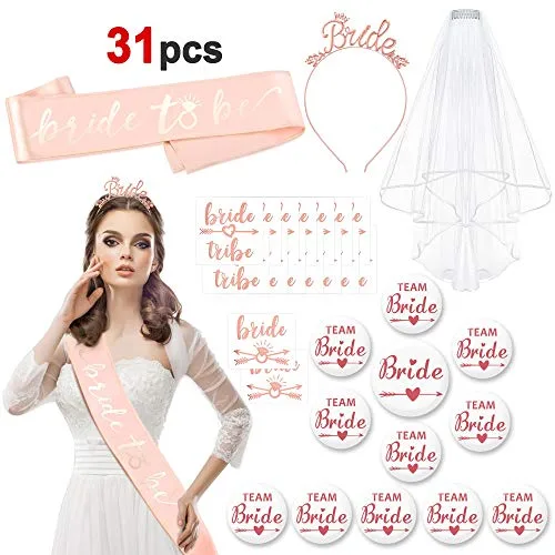Konsait 31 Pcs EVJF Accessoire Bride to be écharpe, mariée Bandeaux Couronne, Voile de mariée Accessoires, Tatouages…